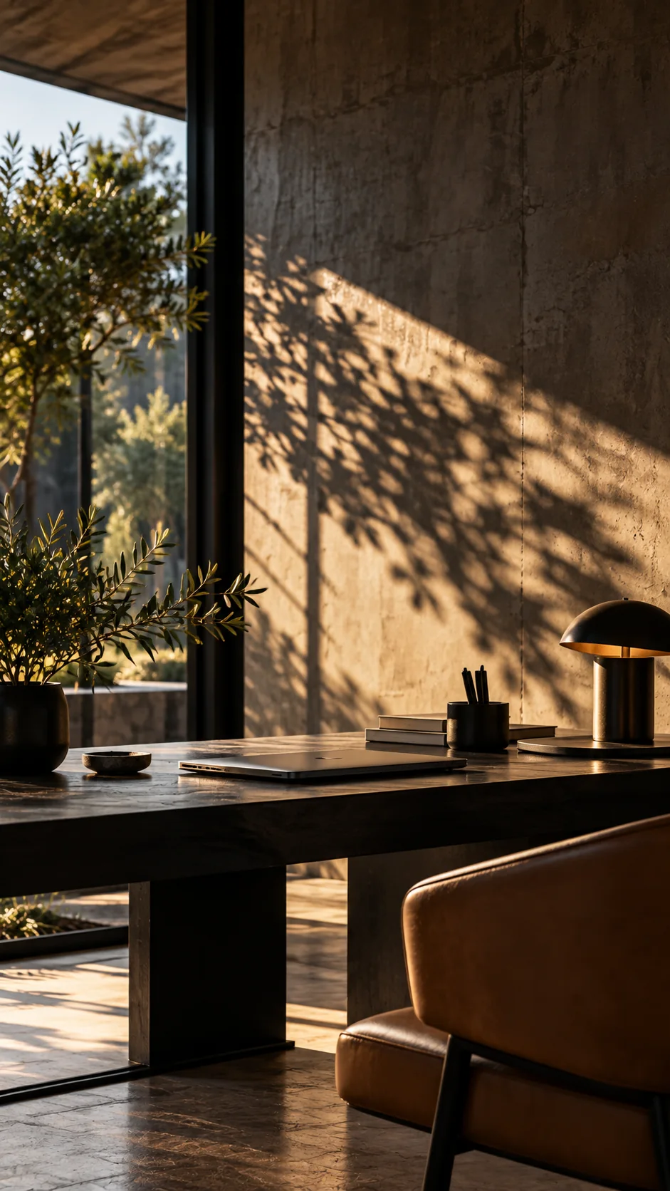 A minimalist stone desk, closed laptop, and lamp in late-afternoon light