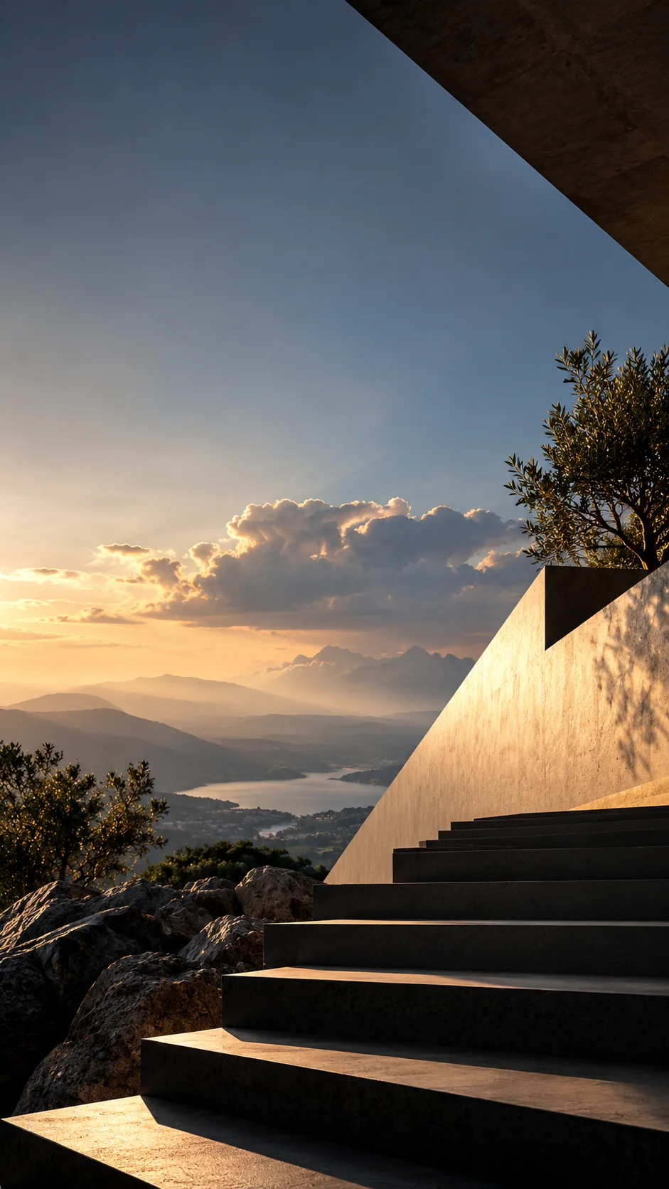 Wide stone steps rising above a mountain lake in golden evening light