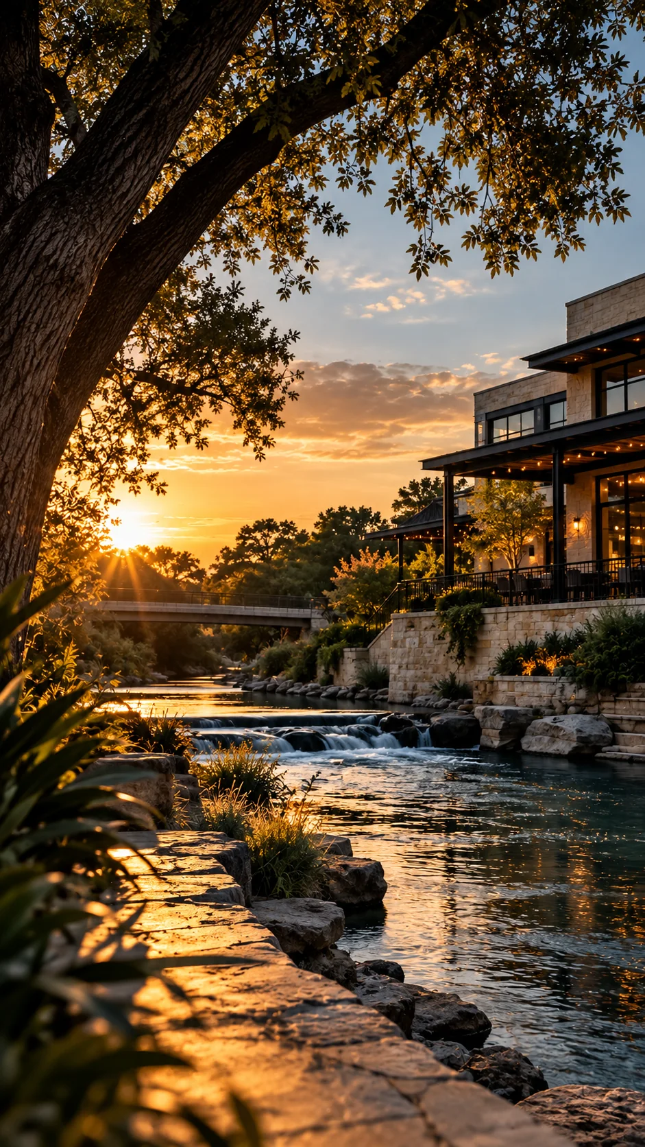 An illustrative riverside cafe terrace beneath a tree at sunset