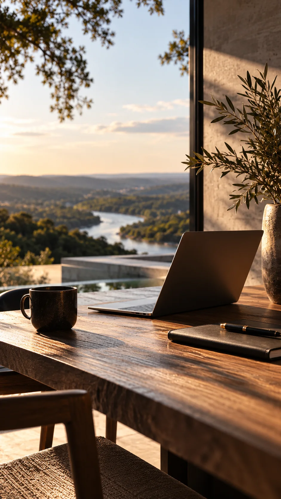A laptop and planning notebook beside a window overlooking a river valley