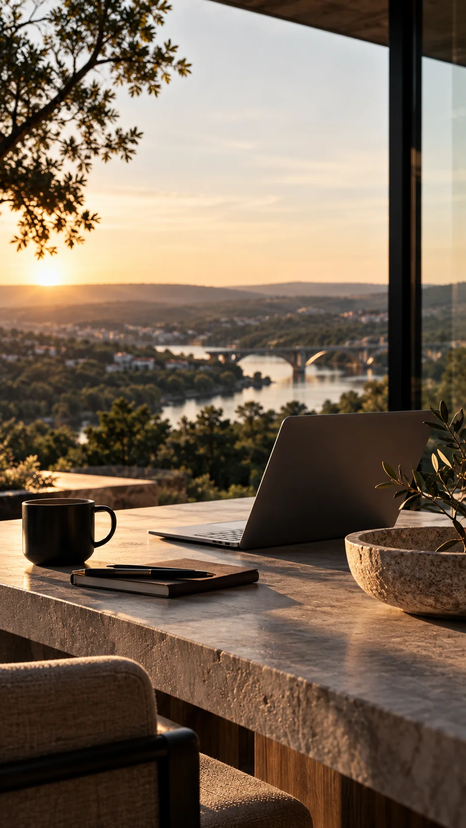 A laptop and notebook on a terrace desk overlooking a river and bridge at sunset