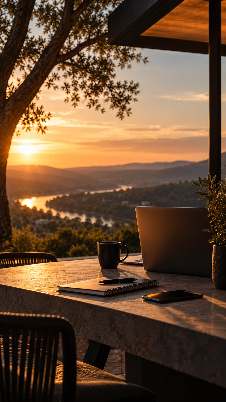 An open laptop, notebook, and phone on a terrace above a sunlit valley