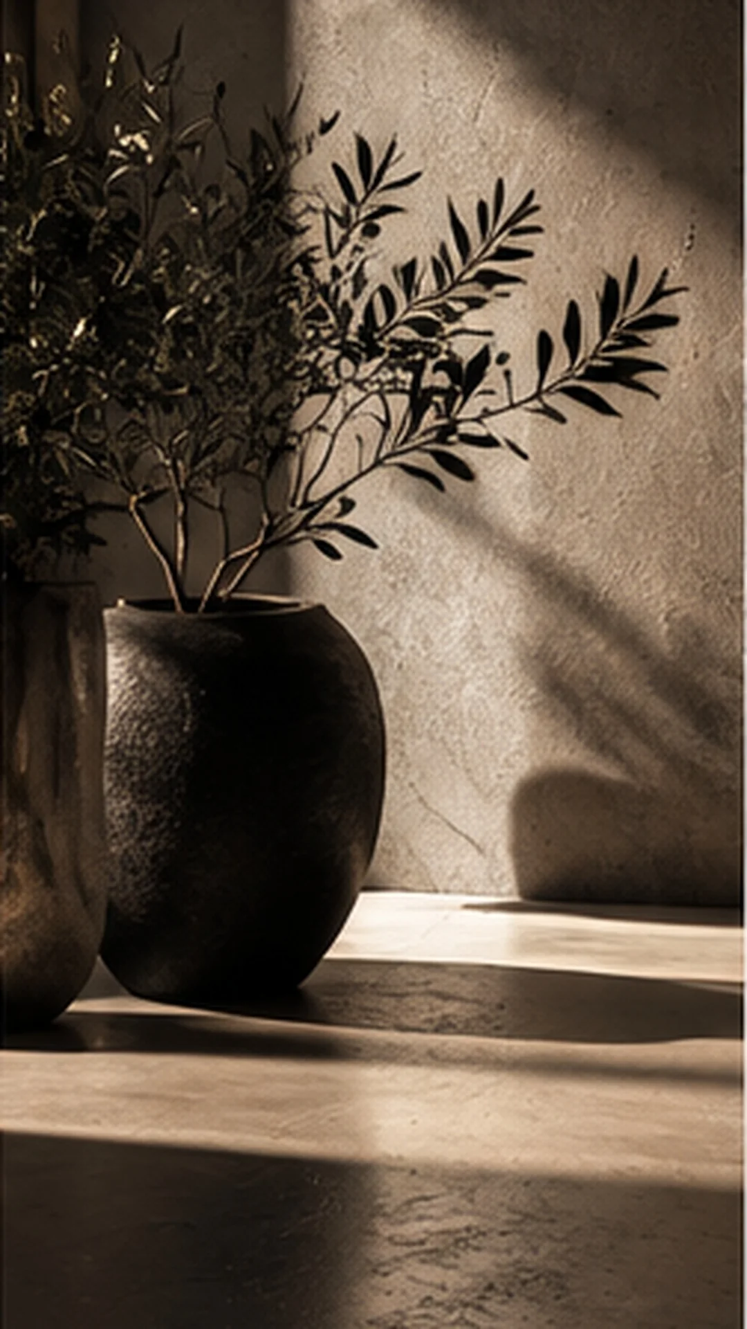 Olive branches in a dark vessel casting shadows on a stone wall