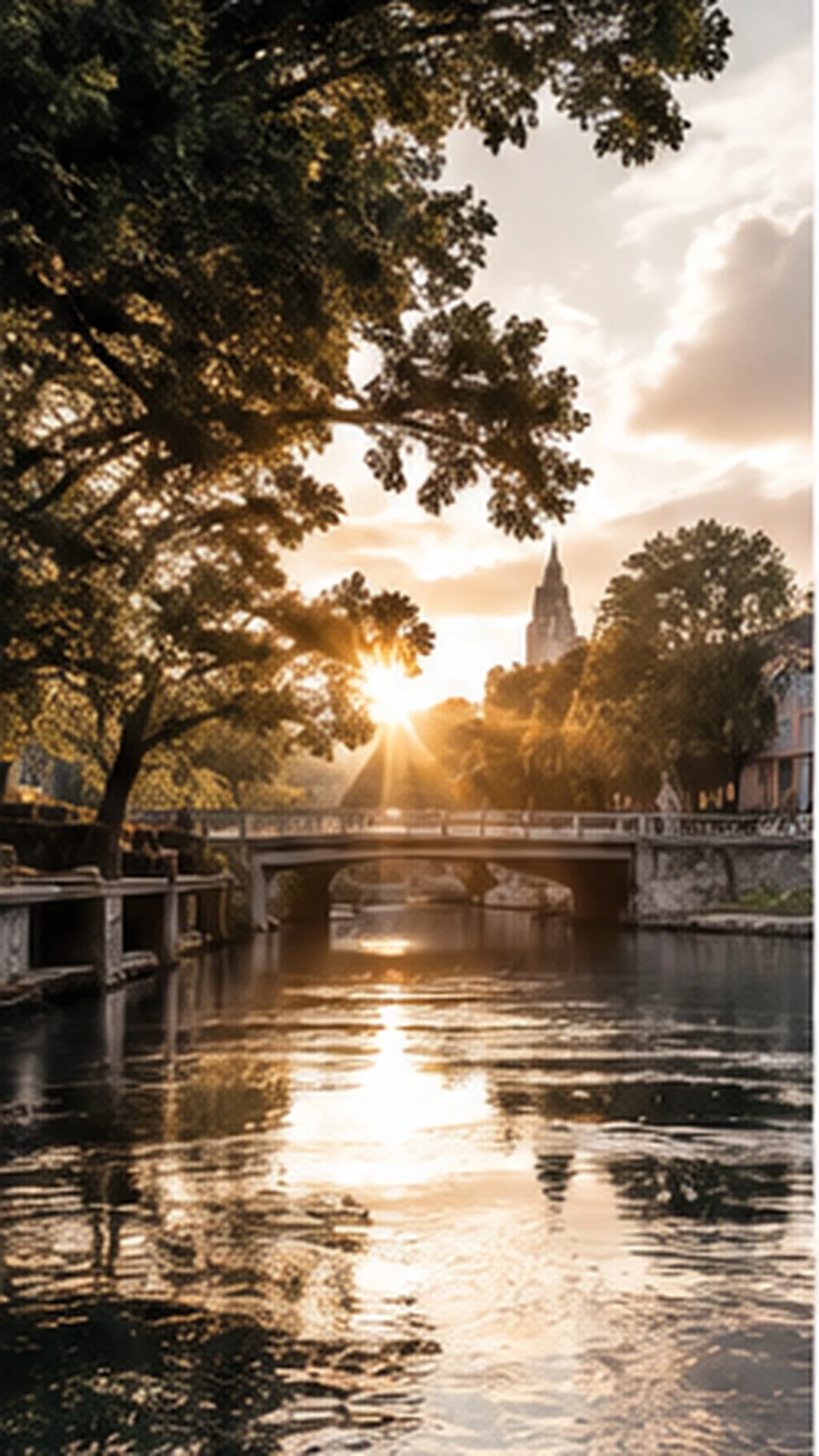 Illustrative river-town scene with a stone bridge, trees, and sunset reflections