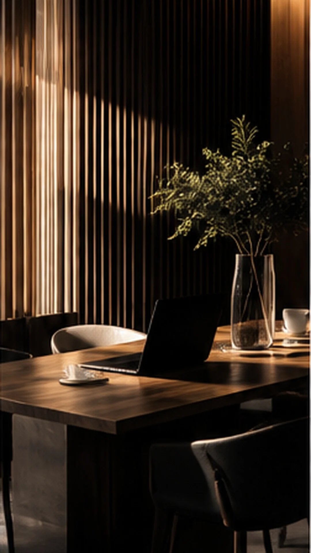 A considered workspace with a laptop, timber desk, and branches