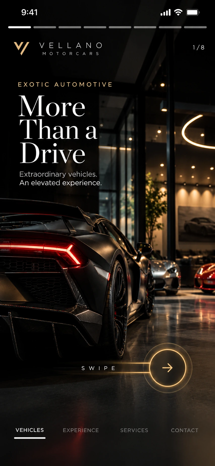 Automotive website concept with a luxury vehicle showroom