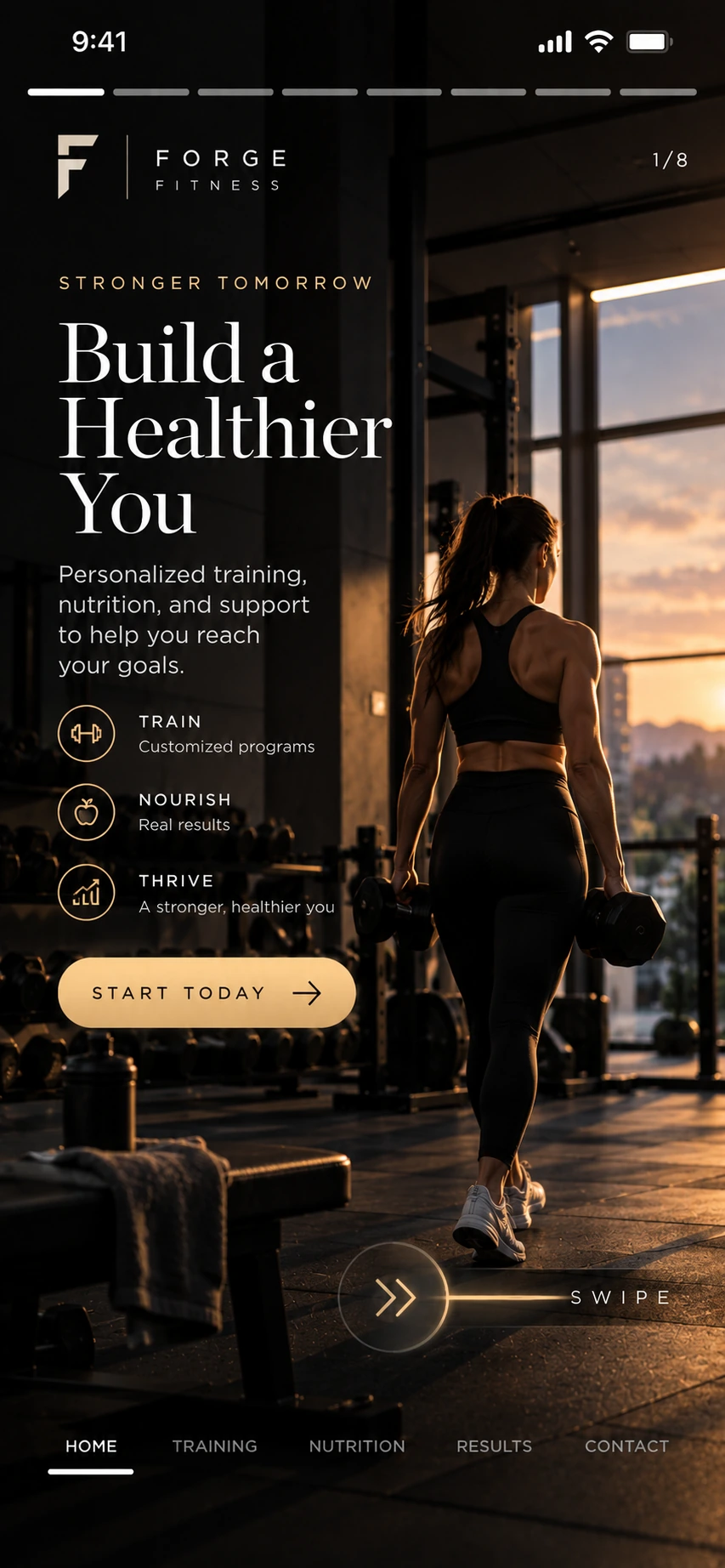 Fitness website concept with a training portrait and membership call to action