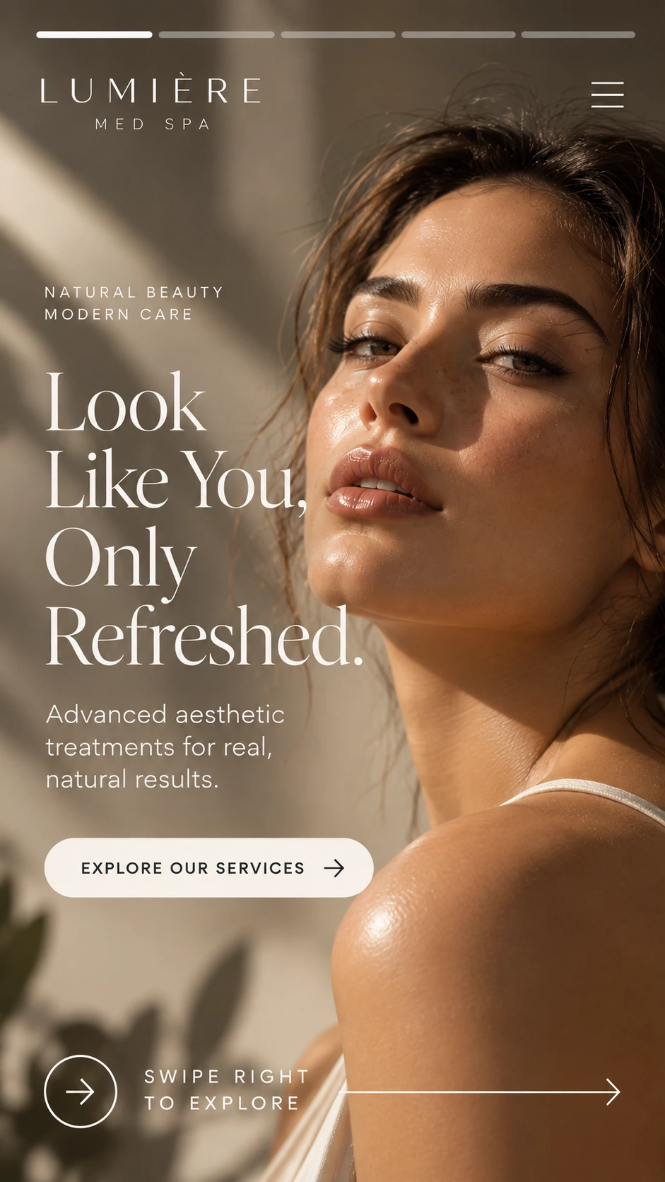 Med-spa website concept with a portrait and a consultation invitation
