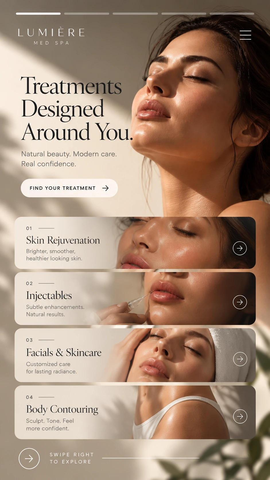 Med-spa website concept with treatment categories and a consultation button