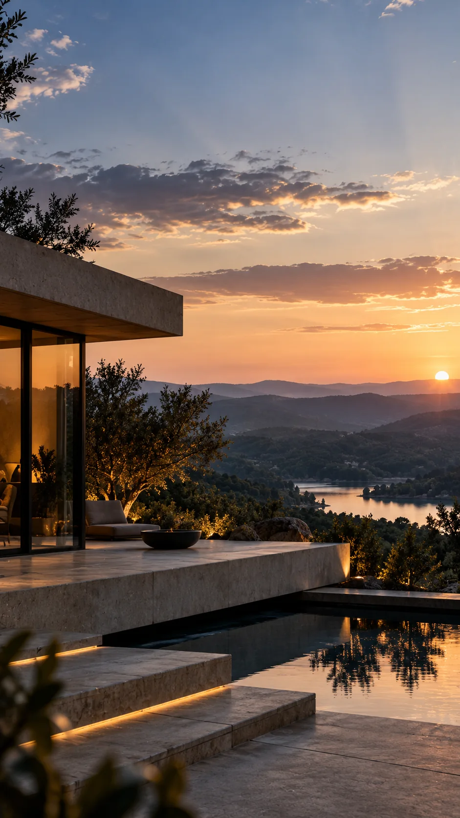 A modern glass-fronted retreat with a terrace and reflecting pool above a mountain lake