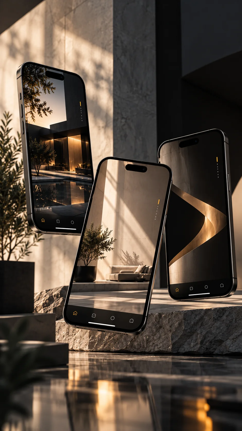Architectural smartphone showcase with story navigation and mobile interface details