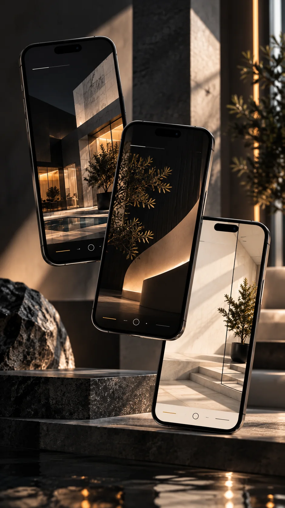 Three black smartphones showcasing light, stone, and curved architectural interiors