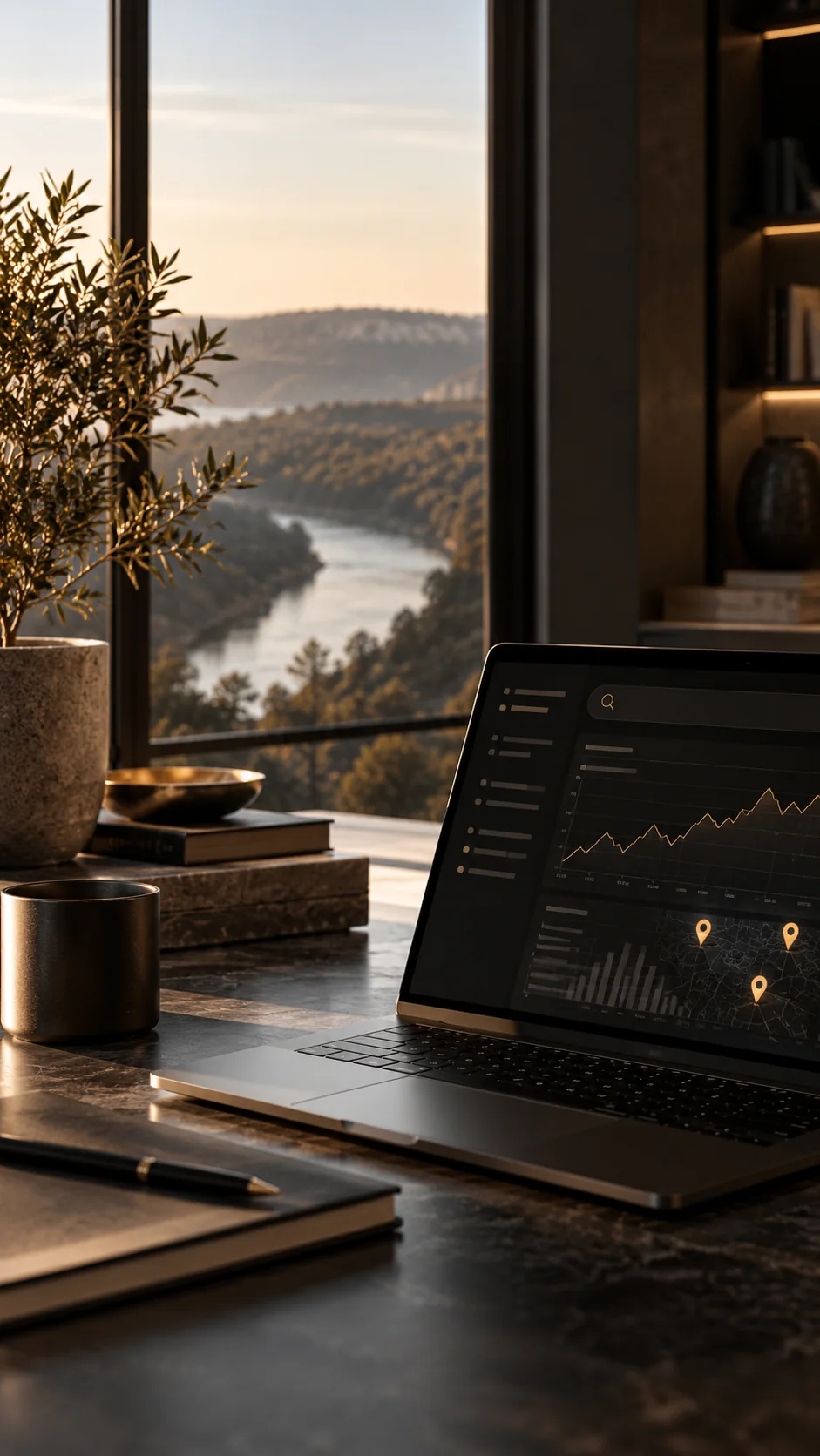 Conceptual search analytics on a laptop overlooking a river landscape