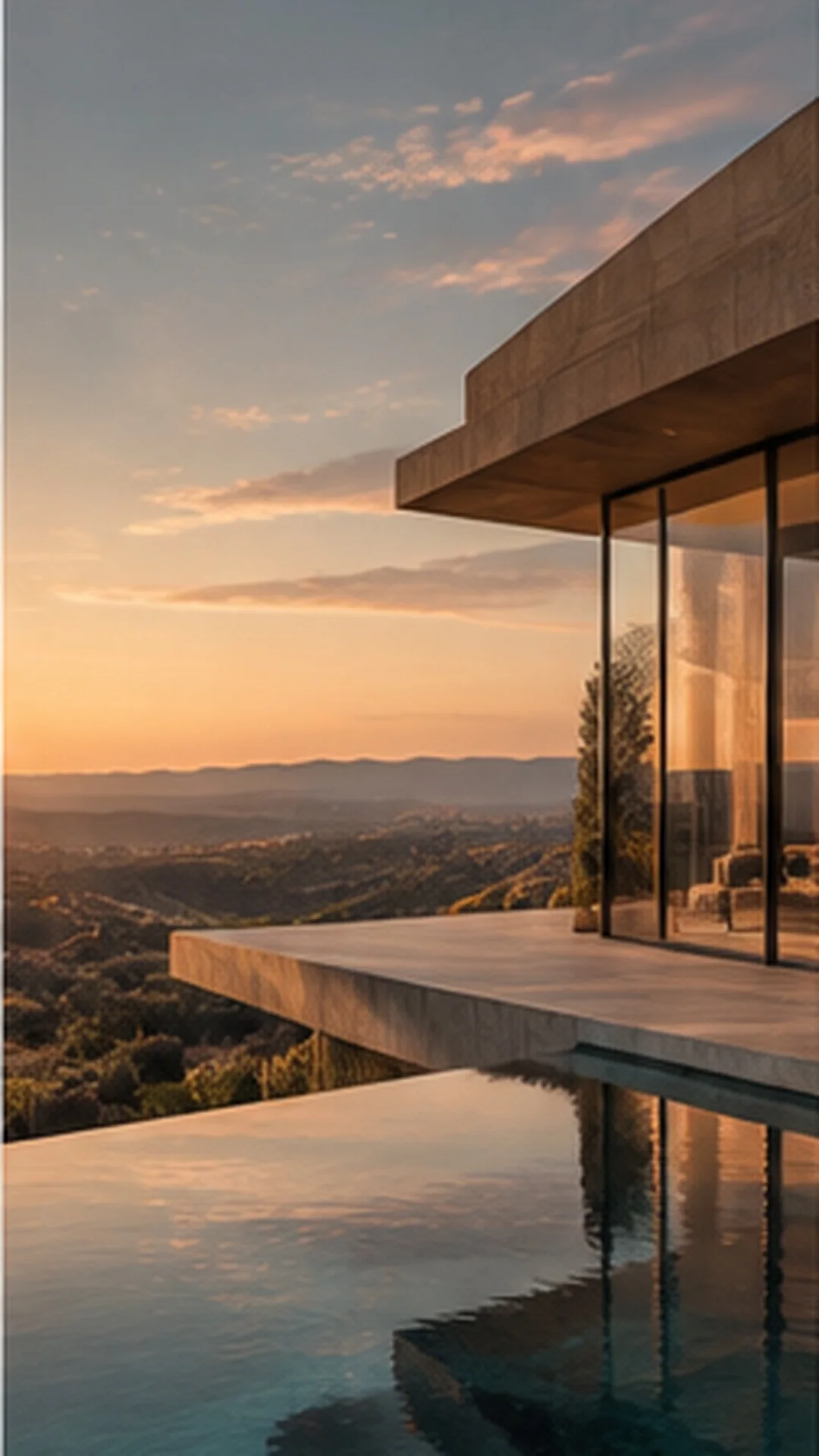 Modern glass-fronted villa and reflecting pool overlooking a landscape